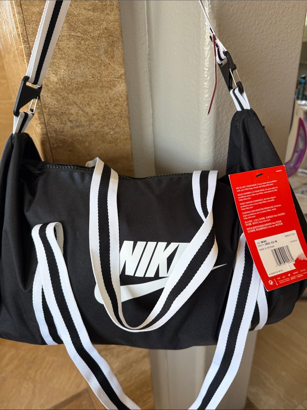Nike Black Duffel Bag with White Swoosh and Striped Straps overnight gym sports - Picture 4 of 11
